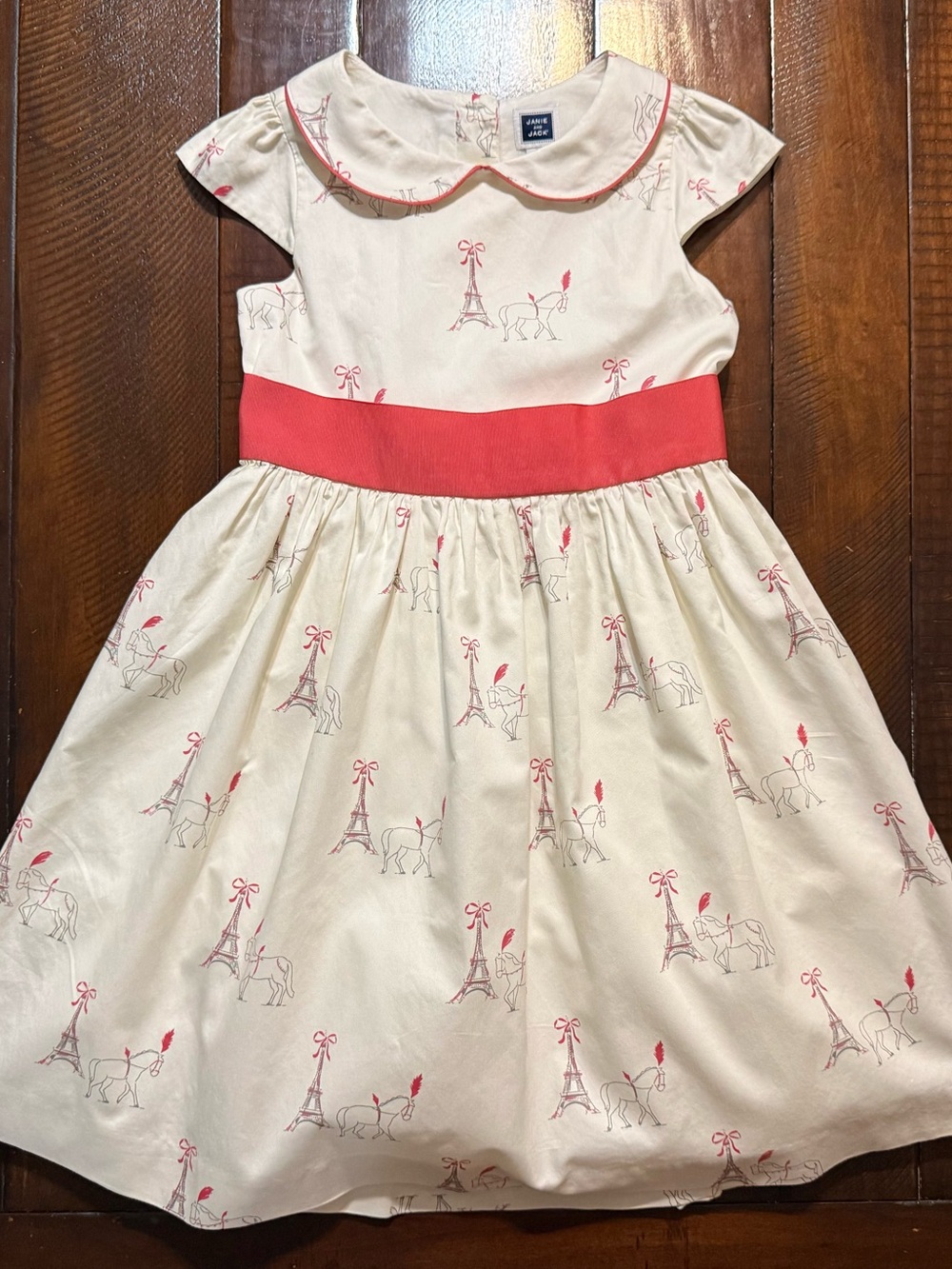 Janie and Jack Cream Dress with Pink Accents and Eiffel Horse Print
